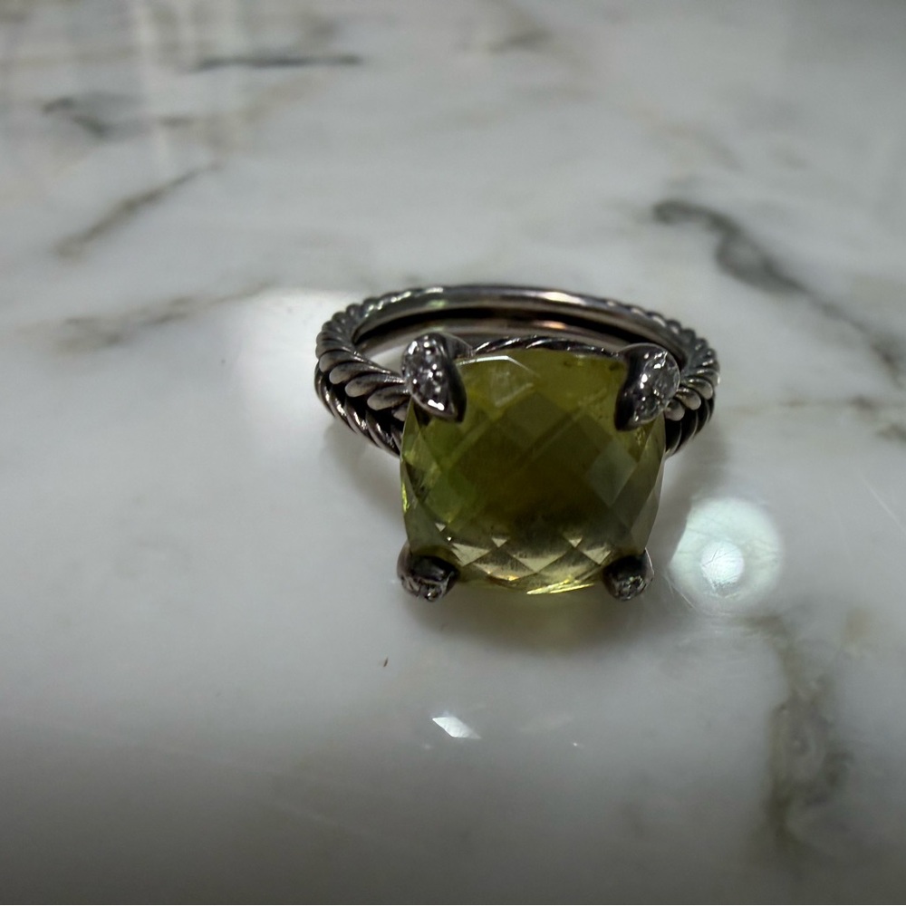 David Yurman Lemon Citrine and Diamond Ring with Signature Cable Band, size 55